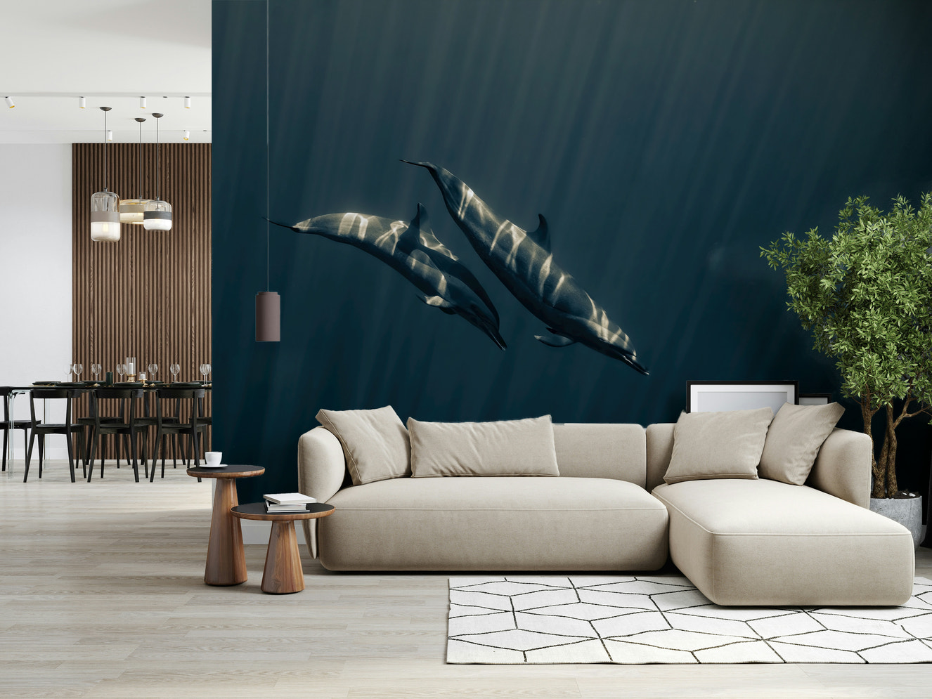 A beautiful abstract ocean wallpaper mural in deep, dark blue tones.