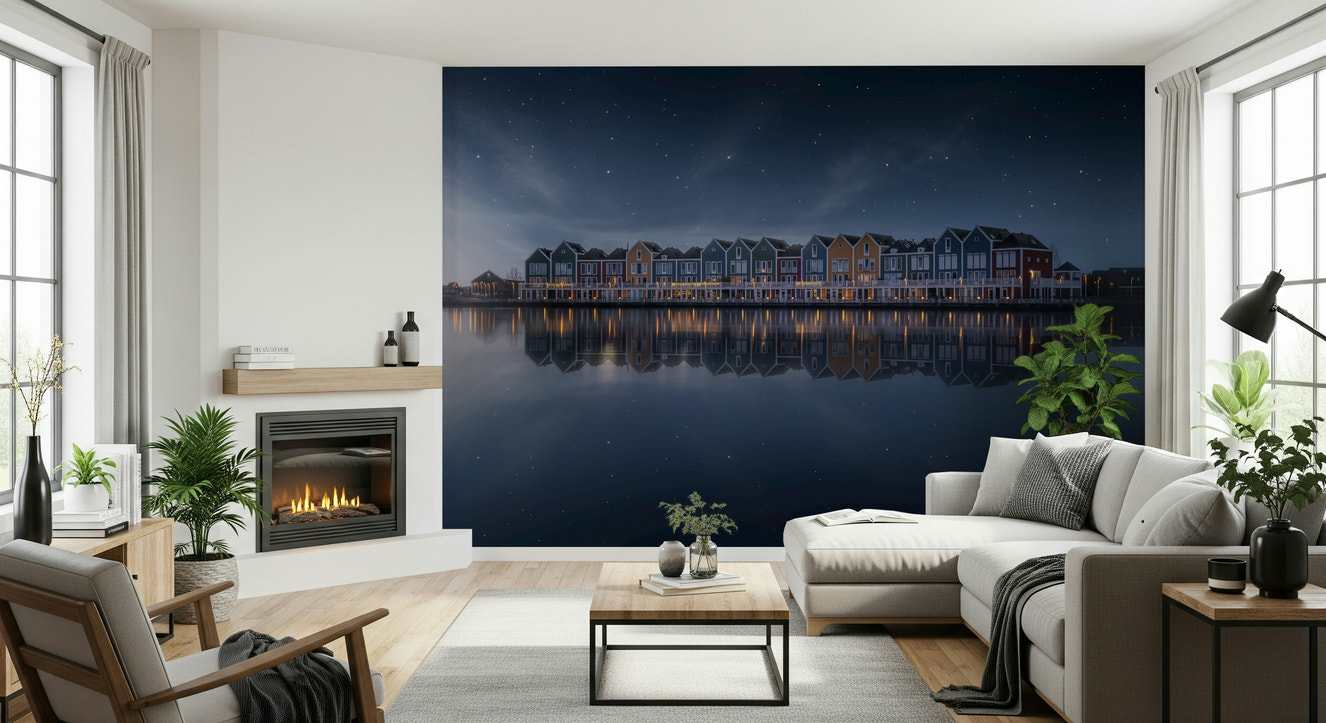 A beautiful abstract starry sky wallpaper mural with subtle reflections.