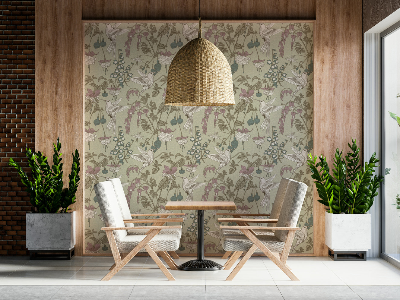 A beautiful hummingbird wallpaper mural with subtle, elegant flowers.
