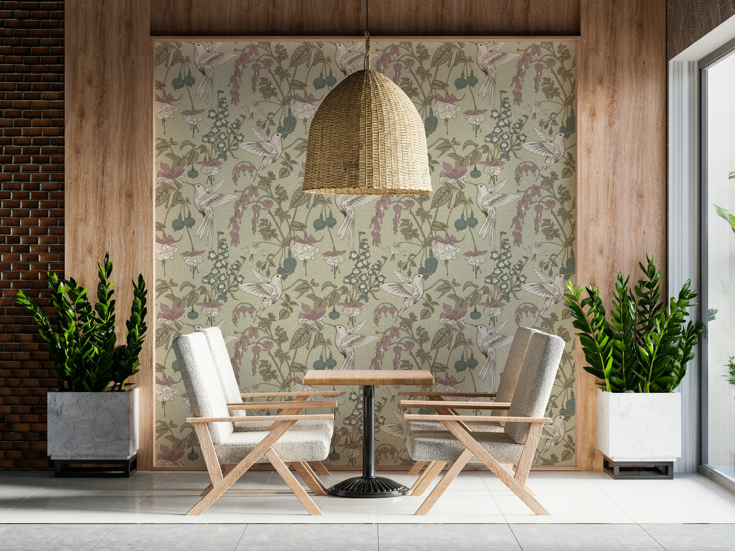 A beautiful hummingbird wallpaper mural with subtle, elegant flowers.