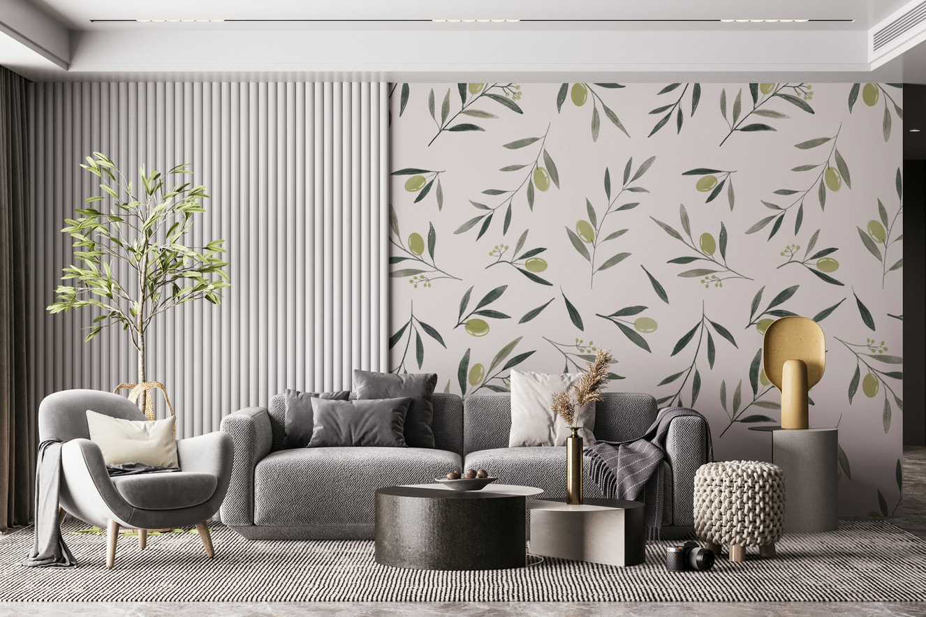 A beautiful watercolor olive garden wallpaper mural with leaves and fruit.