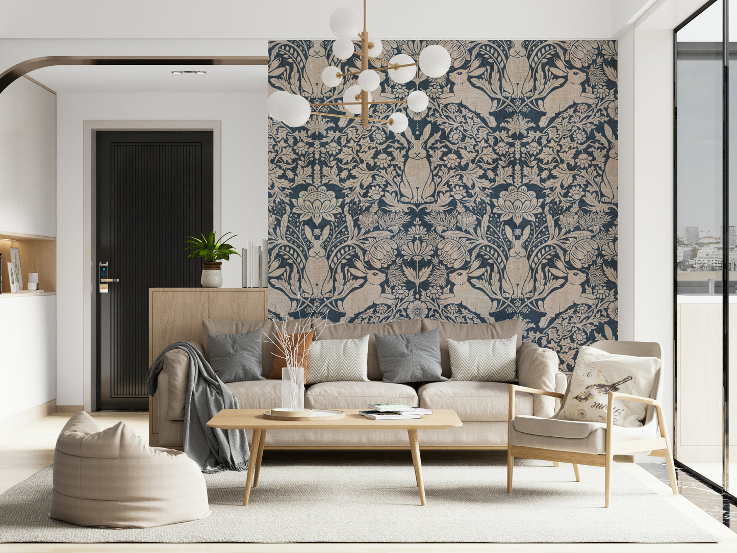 A peaceful modern abstract mural on decorative wallpaper.
