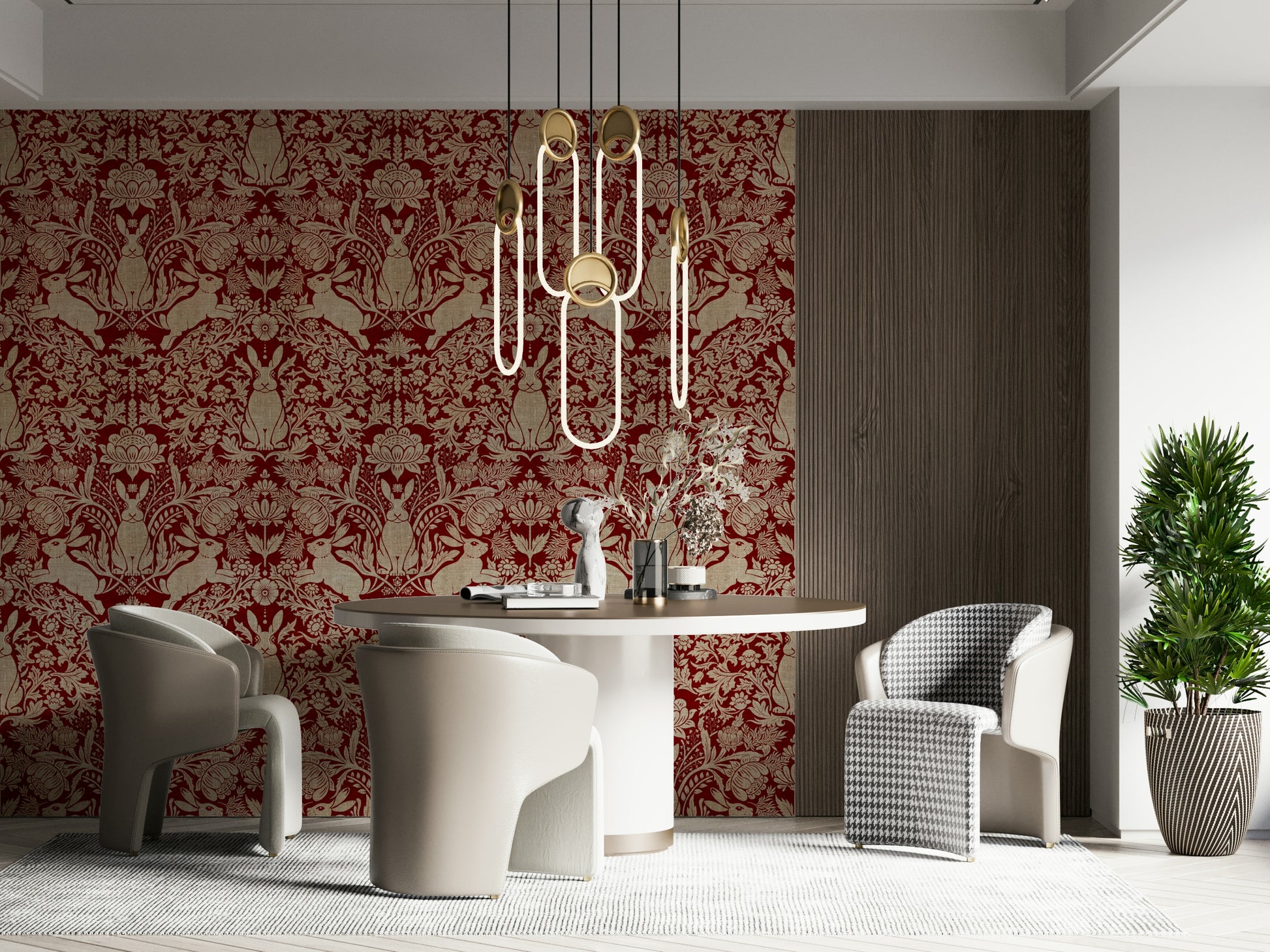A beautiful whimsical floral wallpaper mural with scarlet blooms and a hidden bunny.