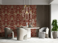 A beautiful whimsical floral wallpaper mural with scarlet blooms and a hidden bunny.