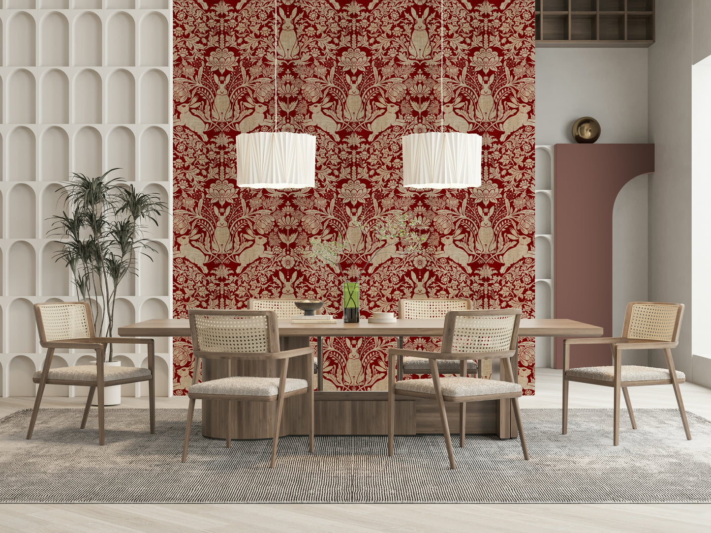 A peaceful flower design mural on decorative wallpaper.