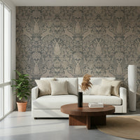 A beautiful damask style wallpaper mural with subtle bunny and floral elements.