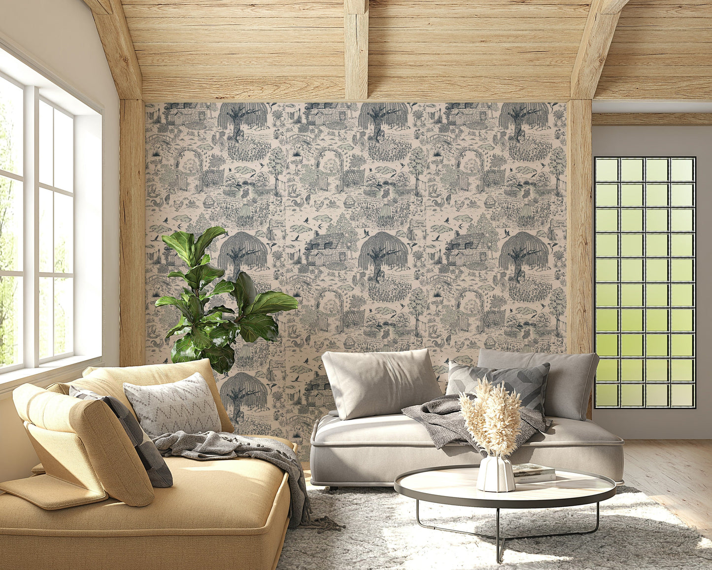 A peaceful modern abstract mural on decorative wallpaper.