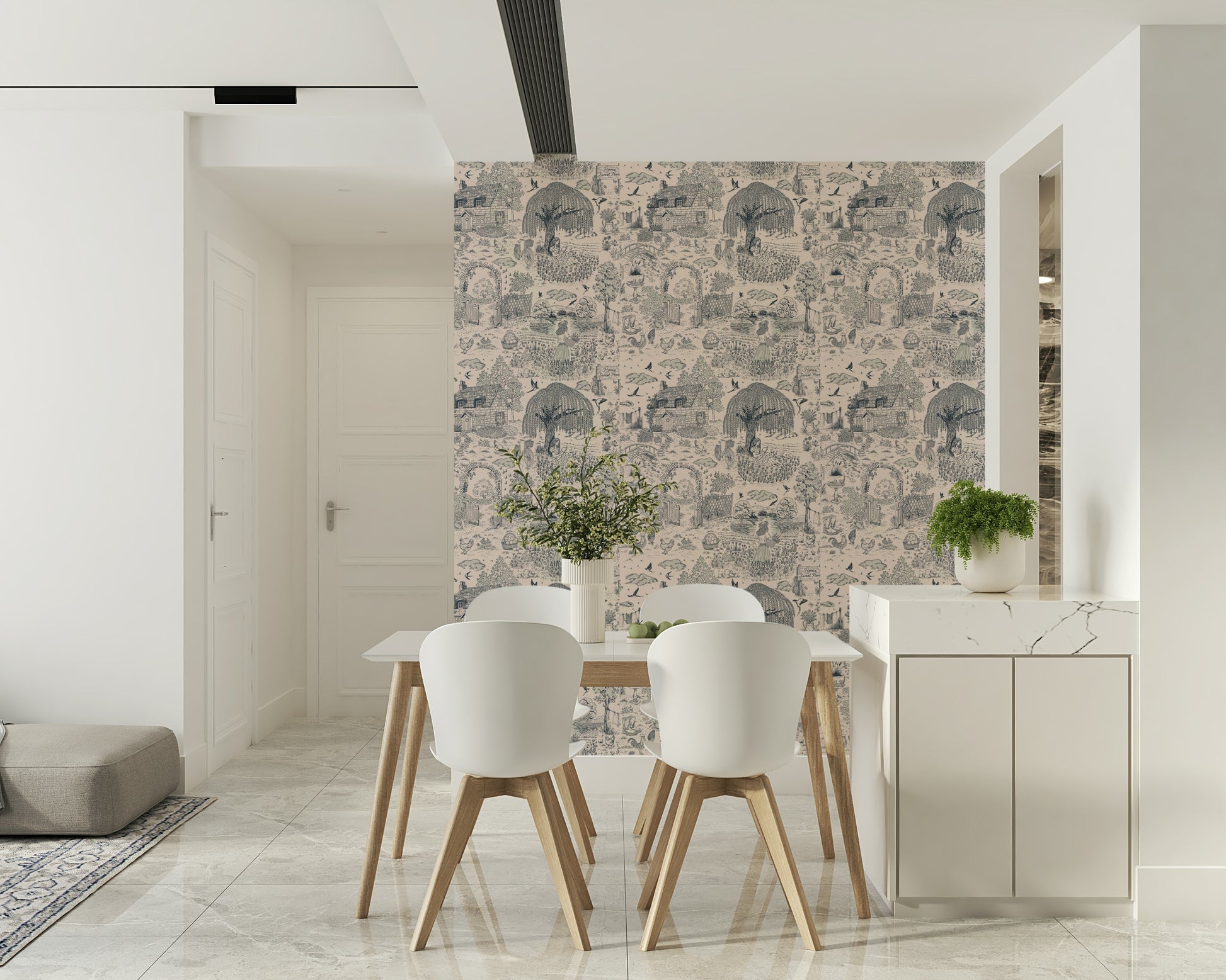A beautiful abstract art wallpaper mural with subtle, comforting home elements.