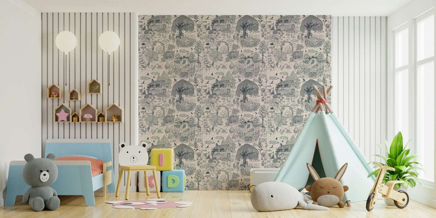 An artistic soft focus mural on minimalist wallpaper.