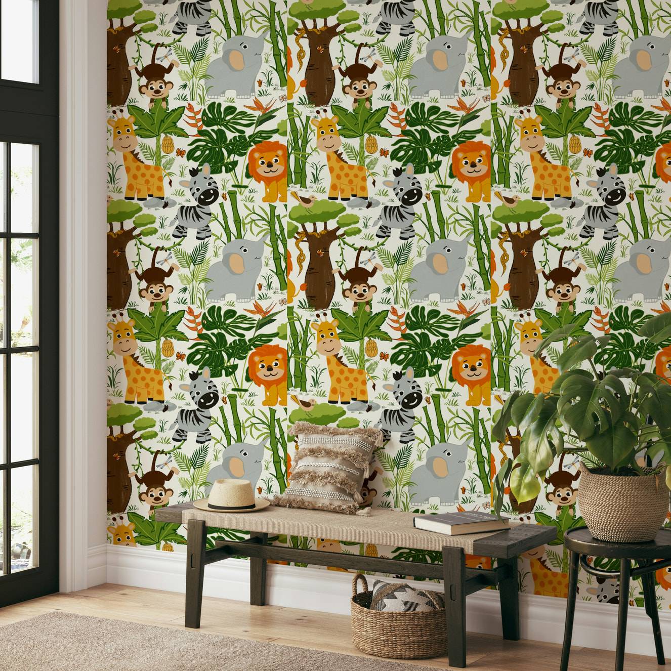 A beautiful whimsical jungle wallpaper mural with friendly animal characters.