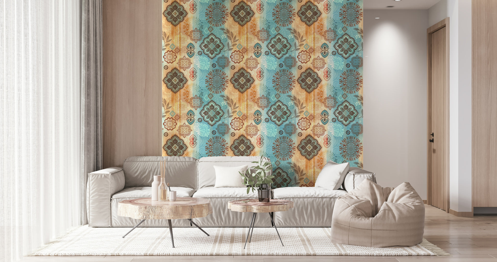 A graceful modern abstract wall mural in warm, natural tones.
