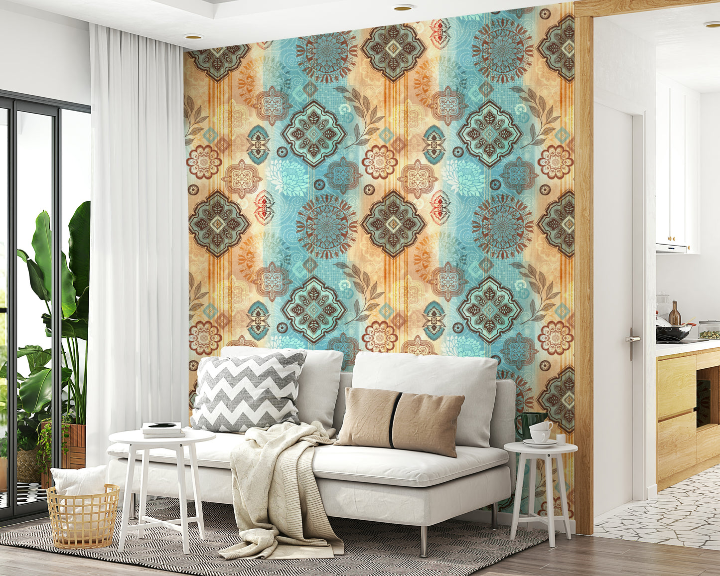 A peaceful geometric design mural on decorative wallpaper.