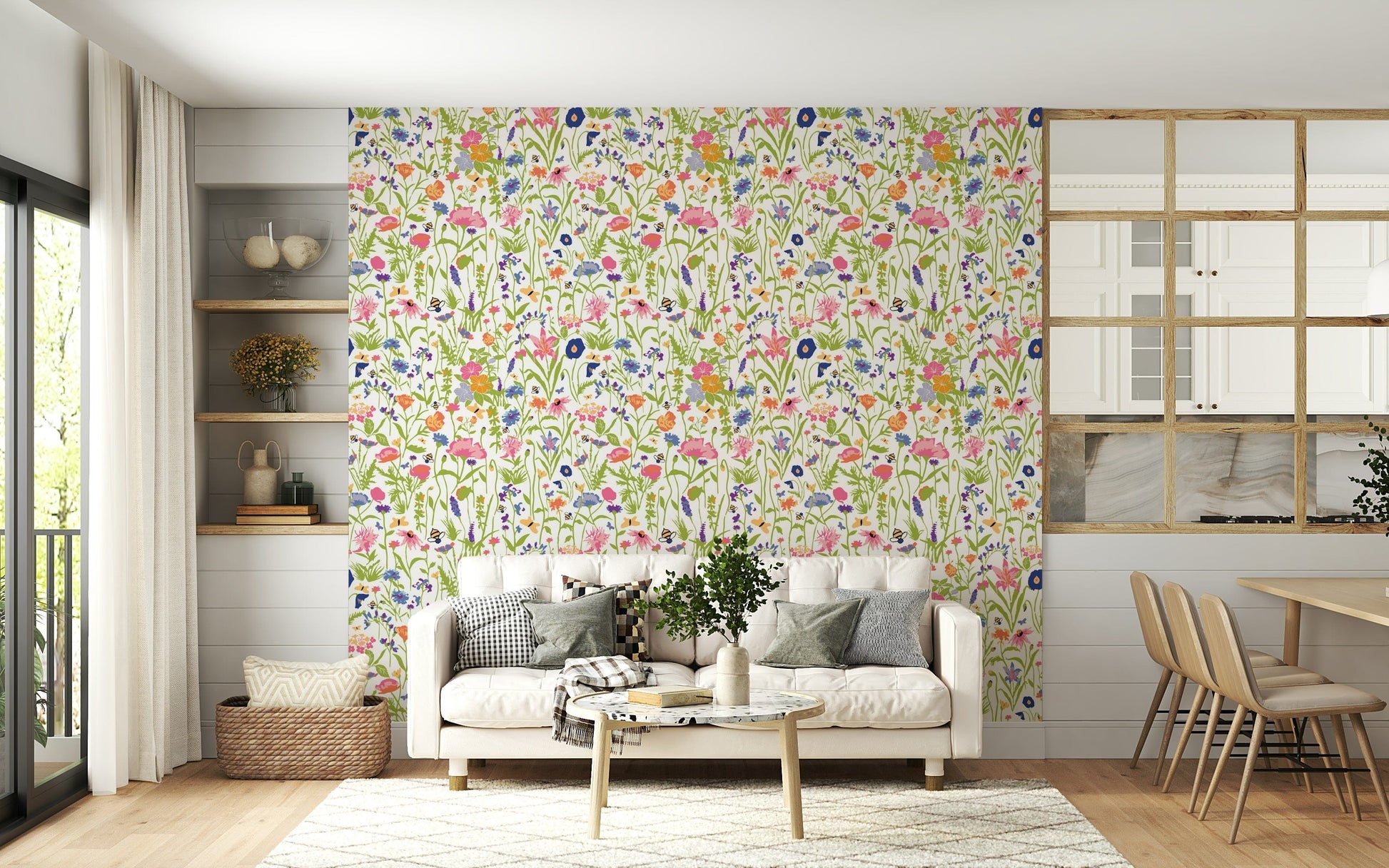 A calming floral design wallpaper mural that defines a space.