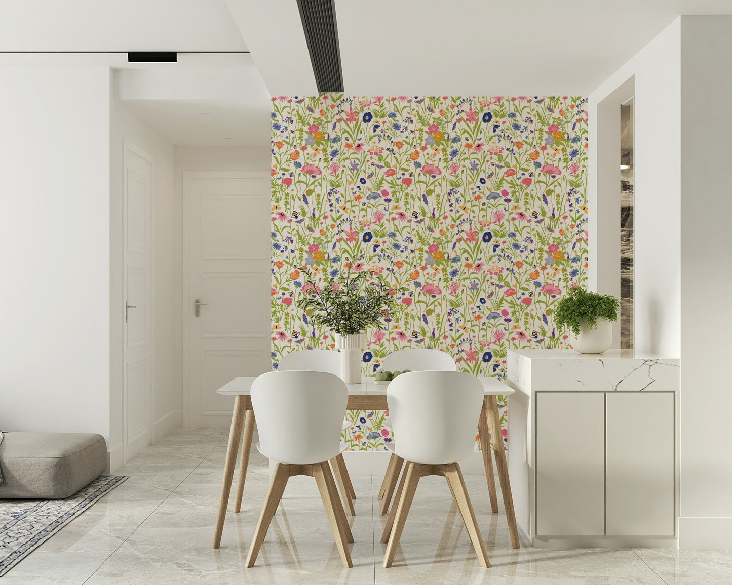 A beautiful whimsical meadow wallpaper mural with subtle flowers and bees.