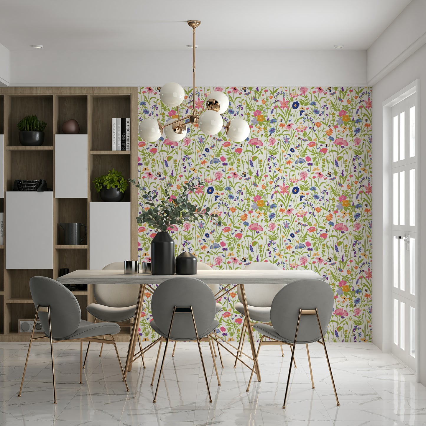 A graceful subtle flower wall mural in soft, elegant tones.