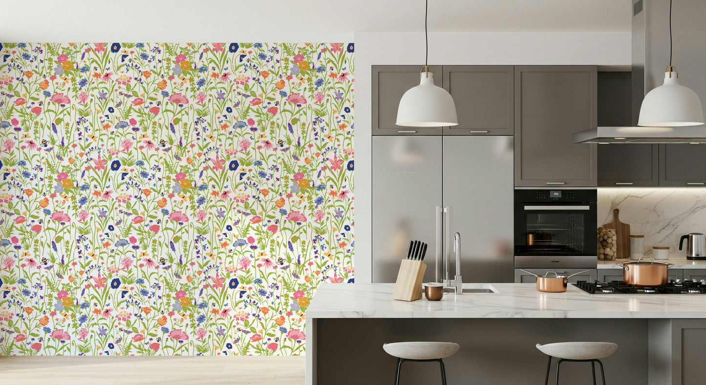 An artistic delicate bloom mural on minimalist wallpaper.
