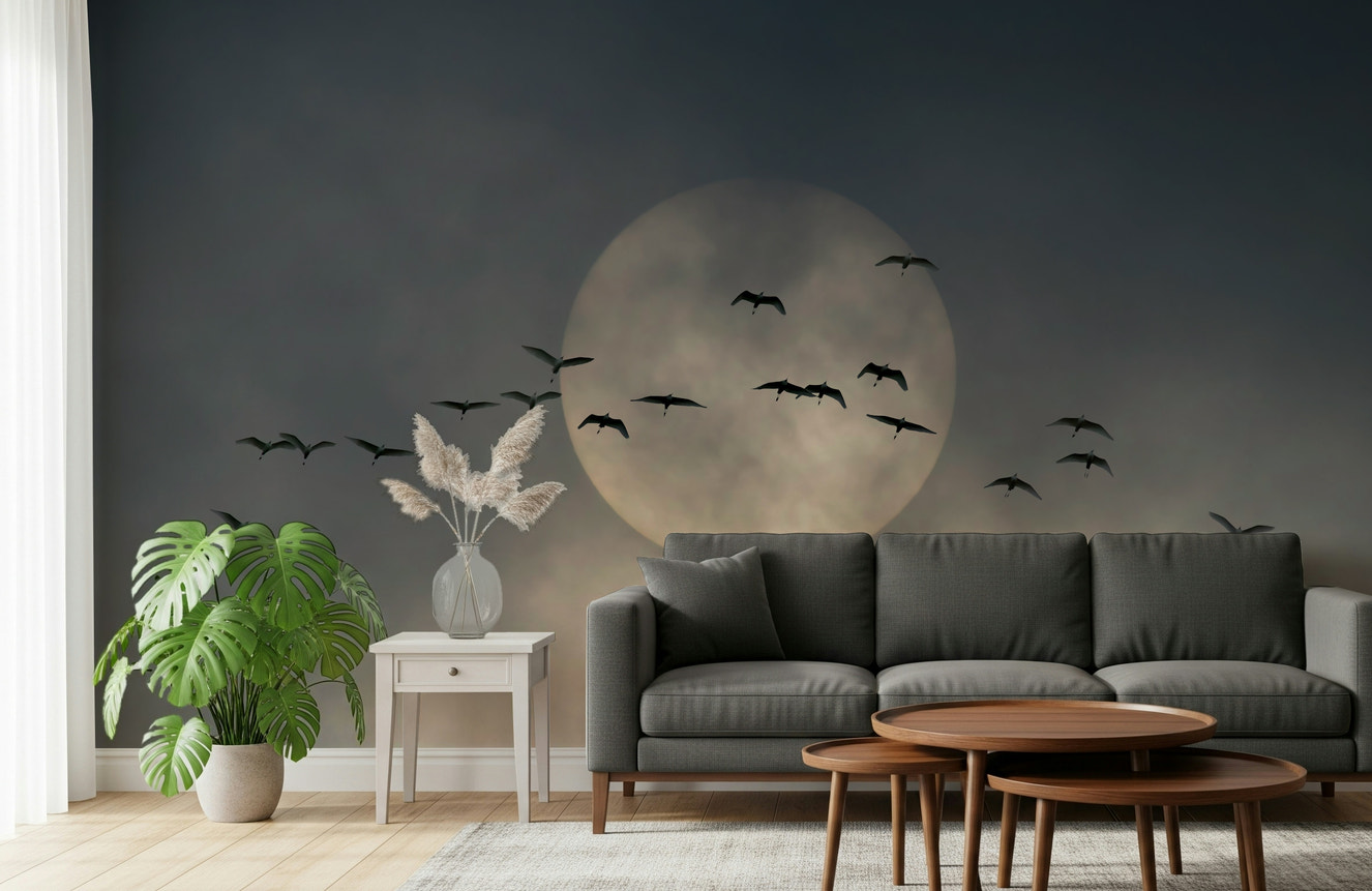 A beautiful abstract bird flight wallpaper mural with graceful, soaring silhouettes.