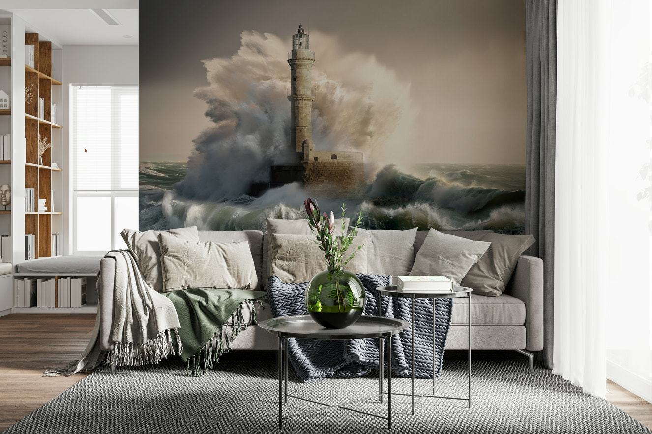 A beautiful dramatic lighthouse wallpaper mural during a tempest or storm.