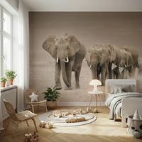 An artistic soft focus wildlife mural on minimalist wallpaper.