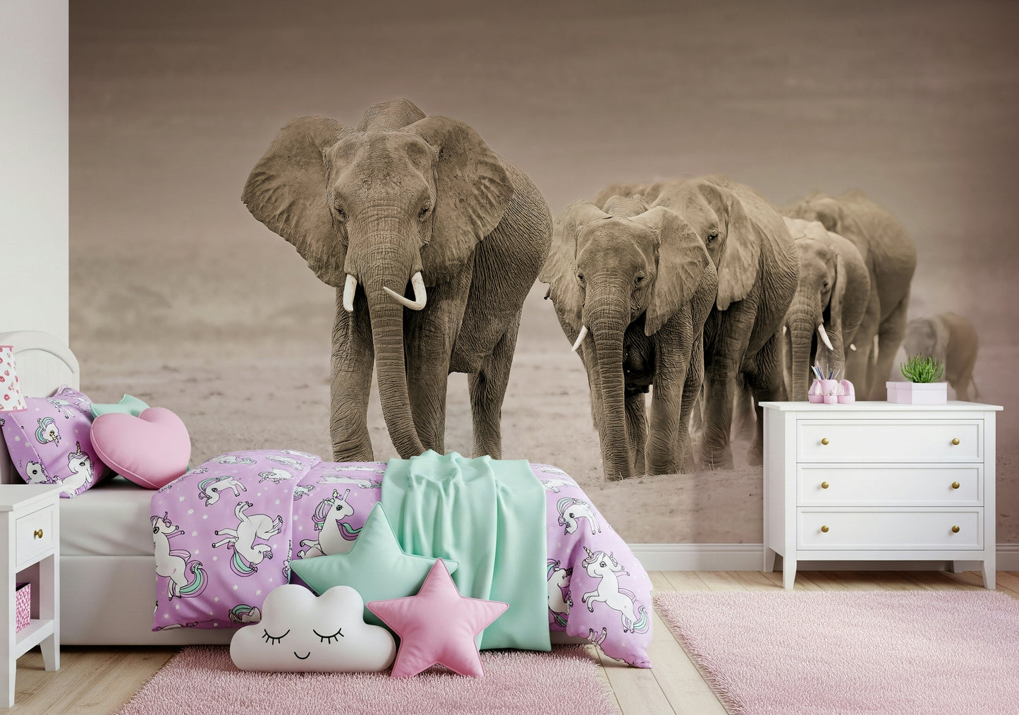 A peaceful modern abstract mural on decorative wallpaper.