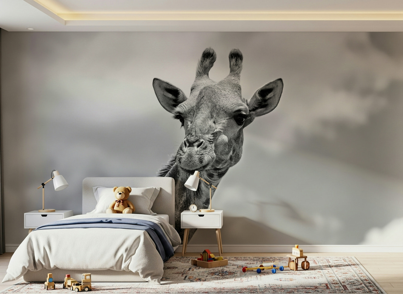 A beautiful giraffe portrait wallpaper mural in gray, black, and white tones.