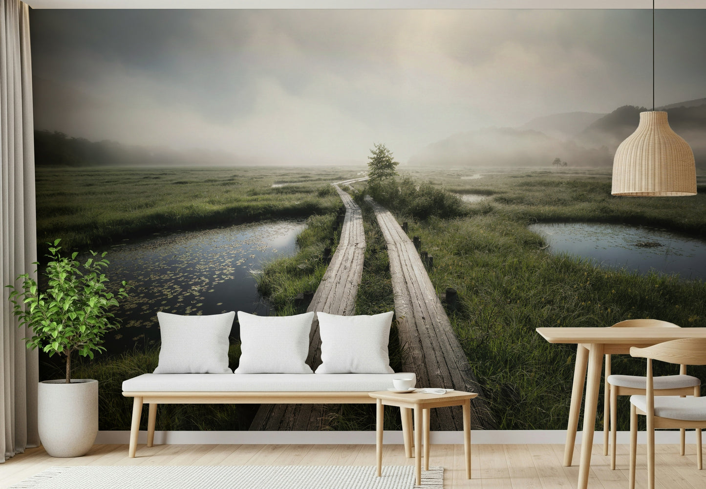 A beautiful wide-angle wall mural of a misty wood.