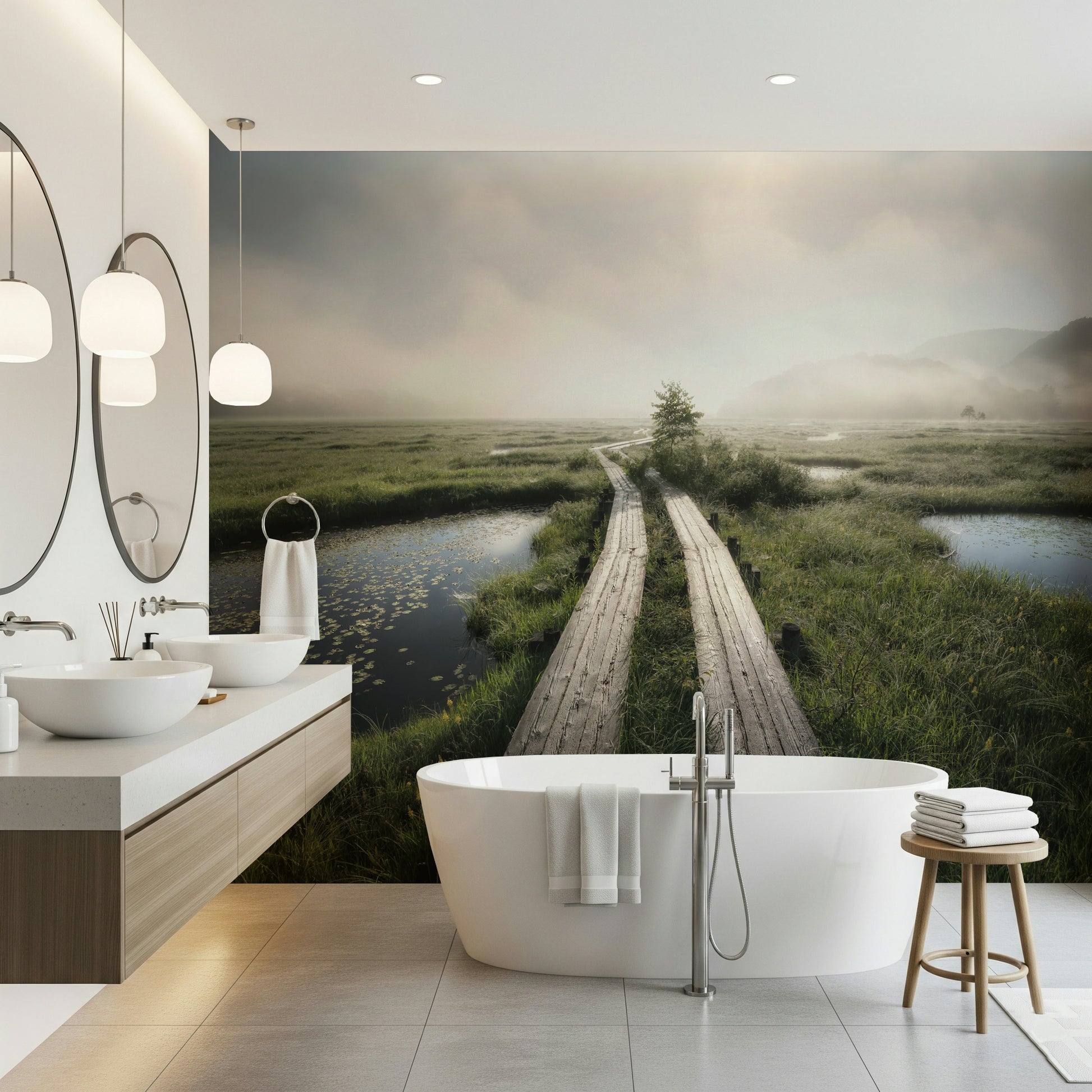 A beautiful ethereal path wallpaper mural leading through a soft, misty forest.