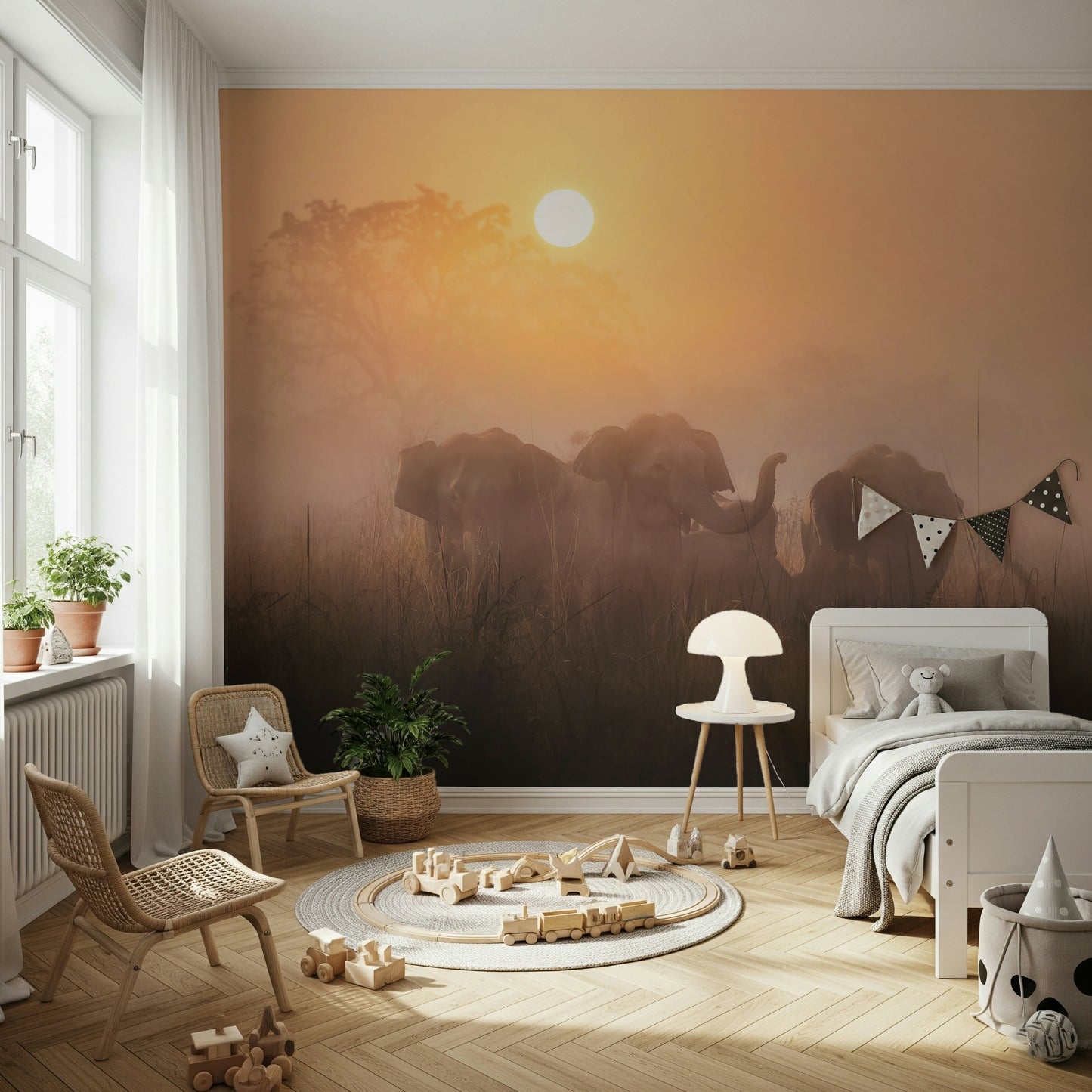 A peaceful African landscape mural on decorative wallpaper.