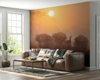 A beautiful wide-angle wall mural of a serene safari scene.