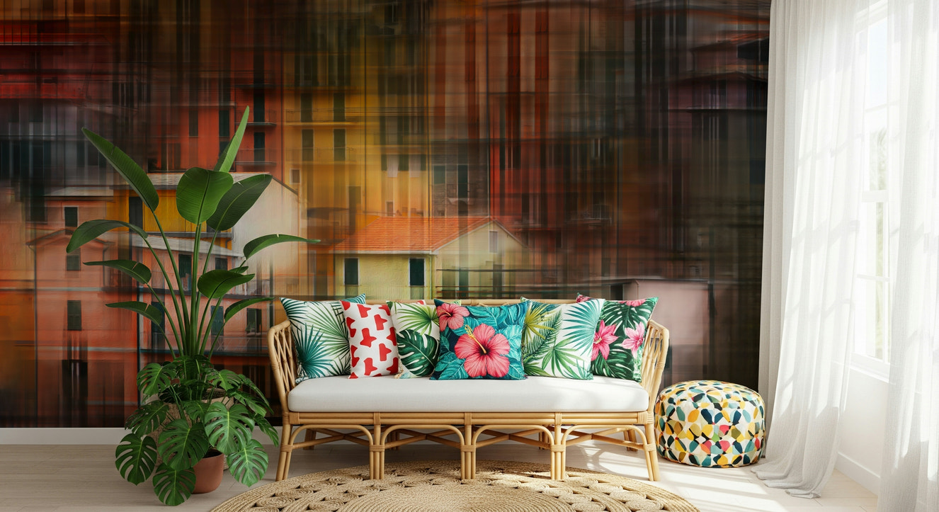 A beautiful abstract city skyline wallpaper mural with geometric shapes and subtle textures.