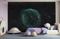 An artistic fluid pattern mural on minimalist wallpaper.