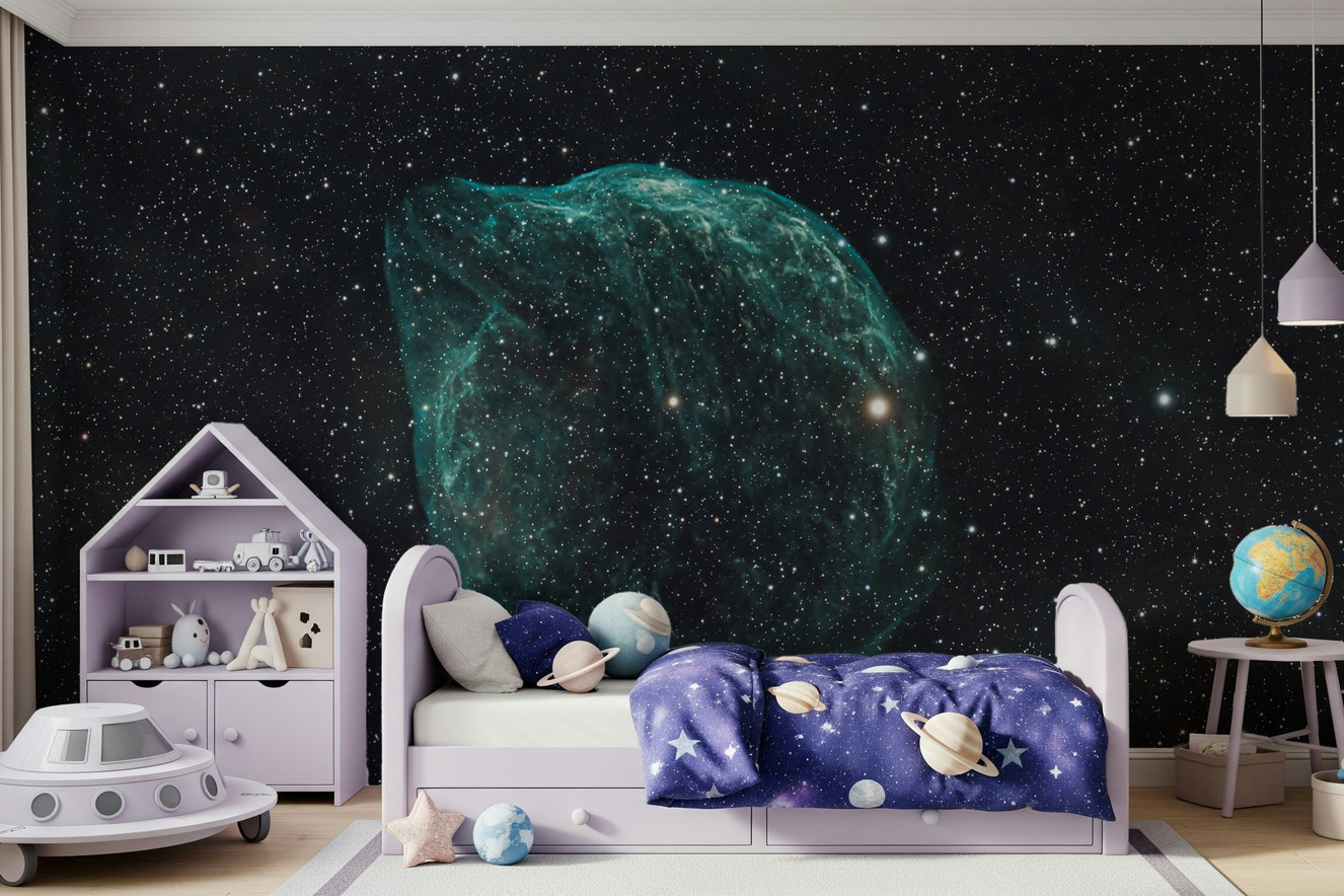 A beautiful abstract stellar cloud wallpaper mural with celestial colors and nebulae.