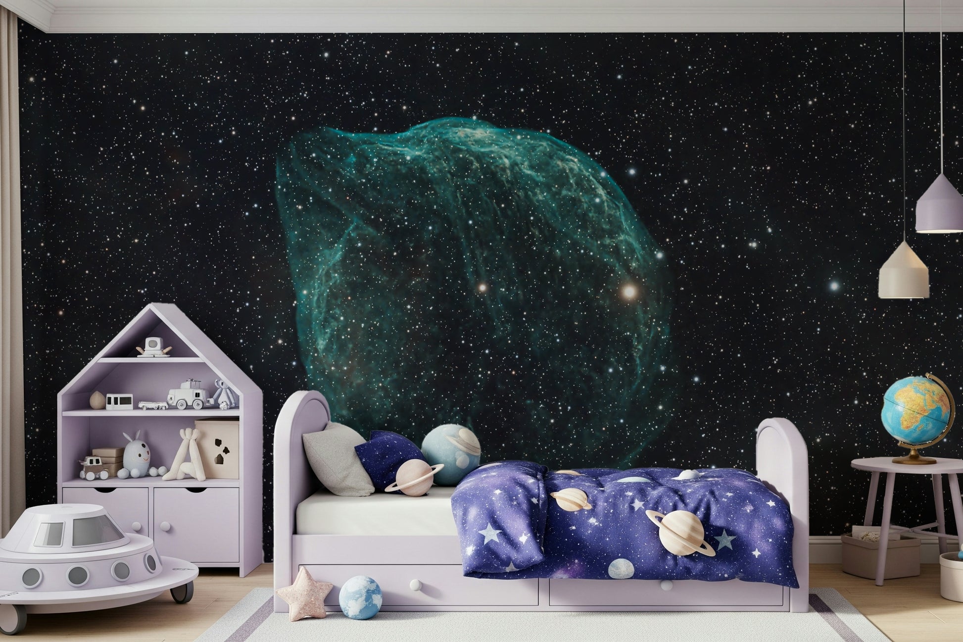 A beautiful abstract stellar cloud wallpaper mural with celestial colors and nebulae.
