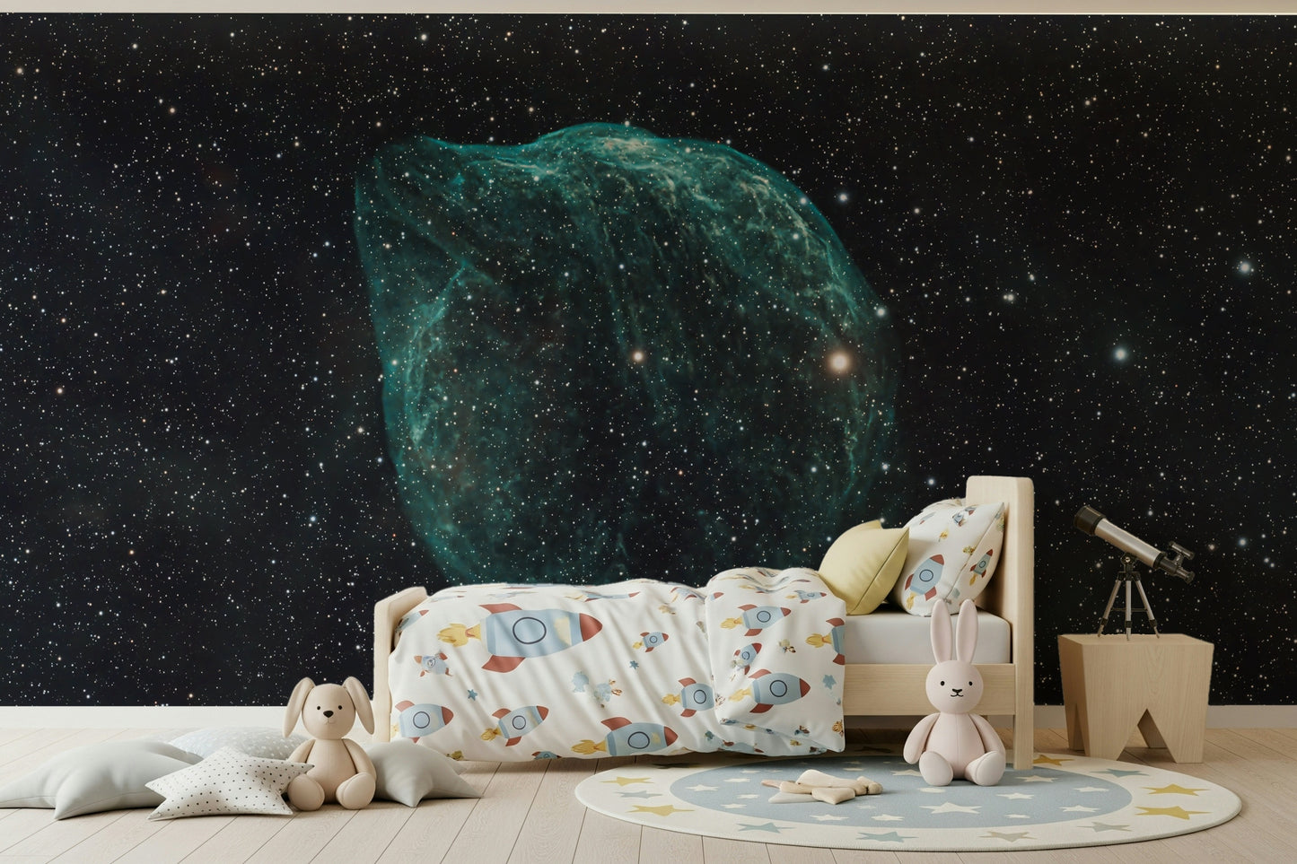 A peaceful cosmic abstract mural on decorative wallpaper.
