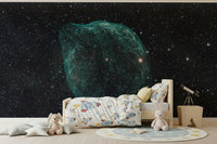 A peaceful cosmic abstract mural on decorative wallpaper.