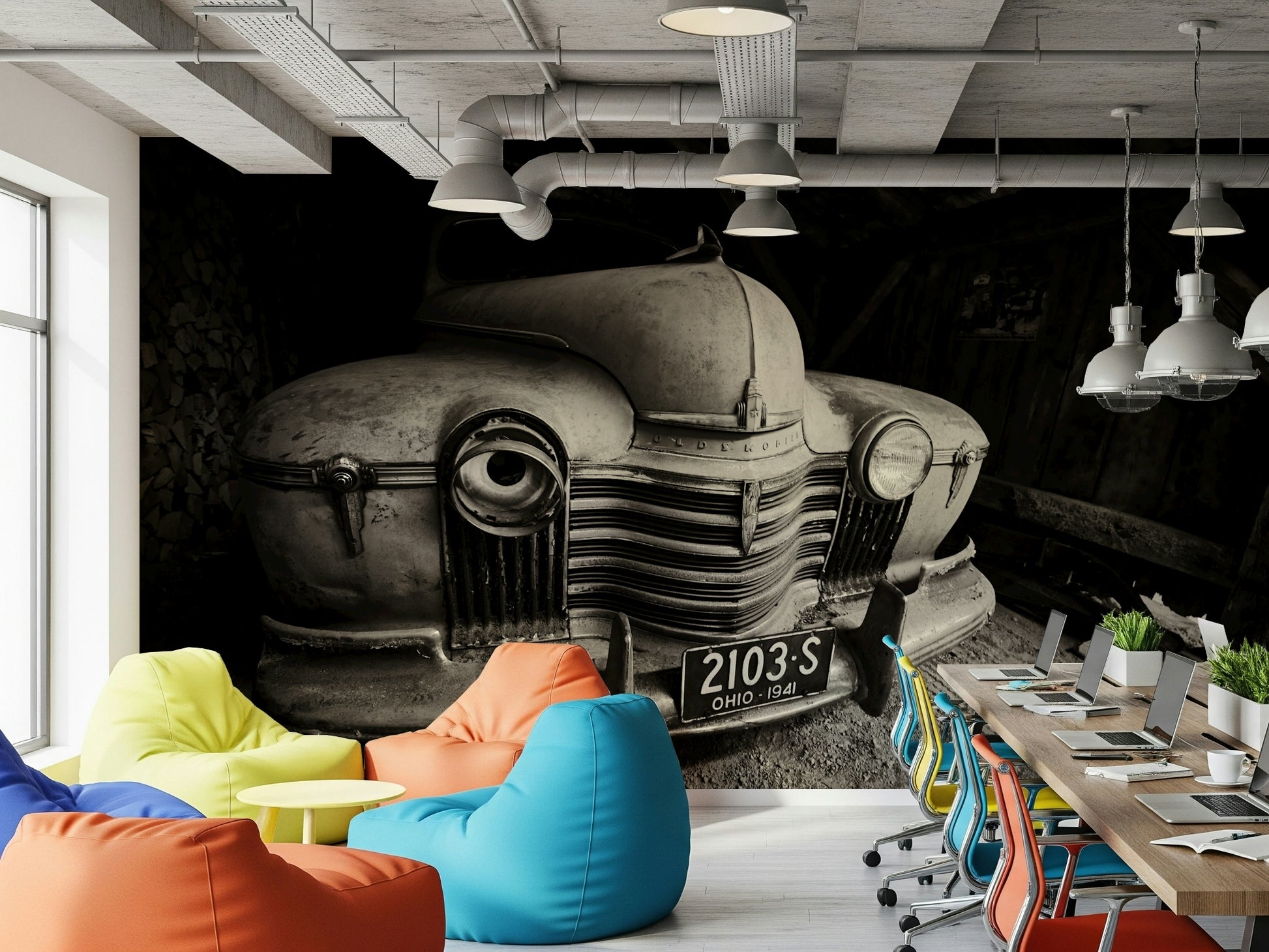 A calming vintage vehicle wallpaper mural that defines a space.