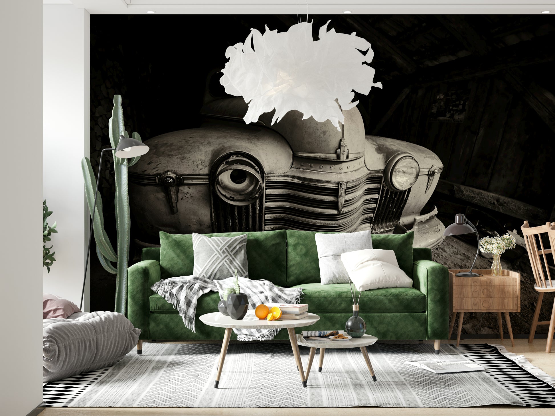 A beautiful wide-angle wall mural of a vintage car.