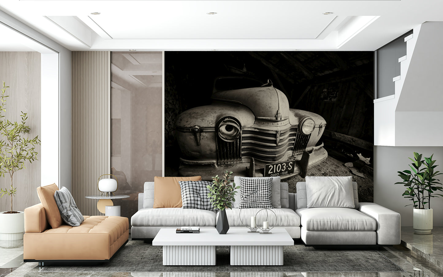 A peaceful open road mural on decorative wallpaper.