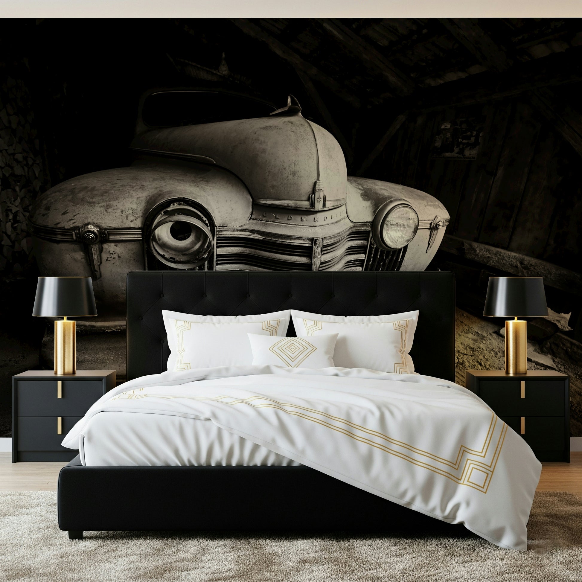 An artistic soft focus automotive mural on scenic wallpaper.