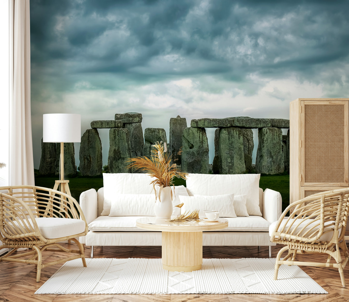 An artistic ancient architecture mural on scenic wallpaper.
