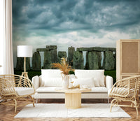 An artistic ancient architecture mural on scenic wallpaper.