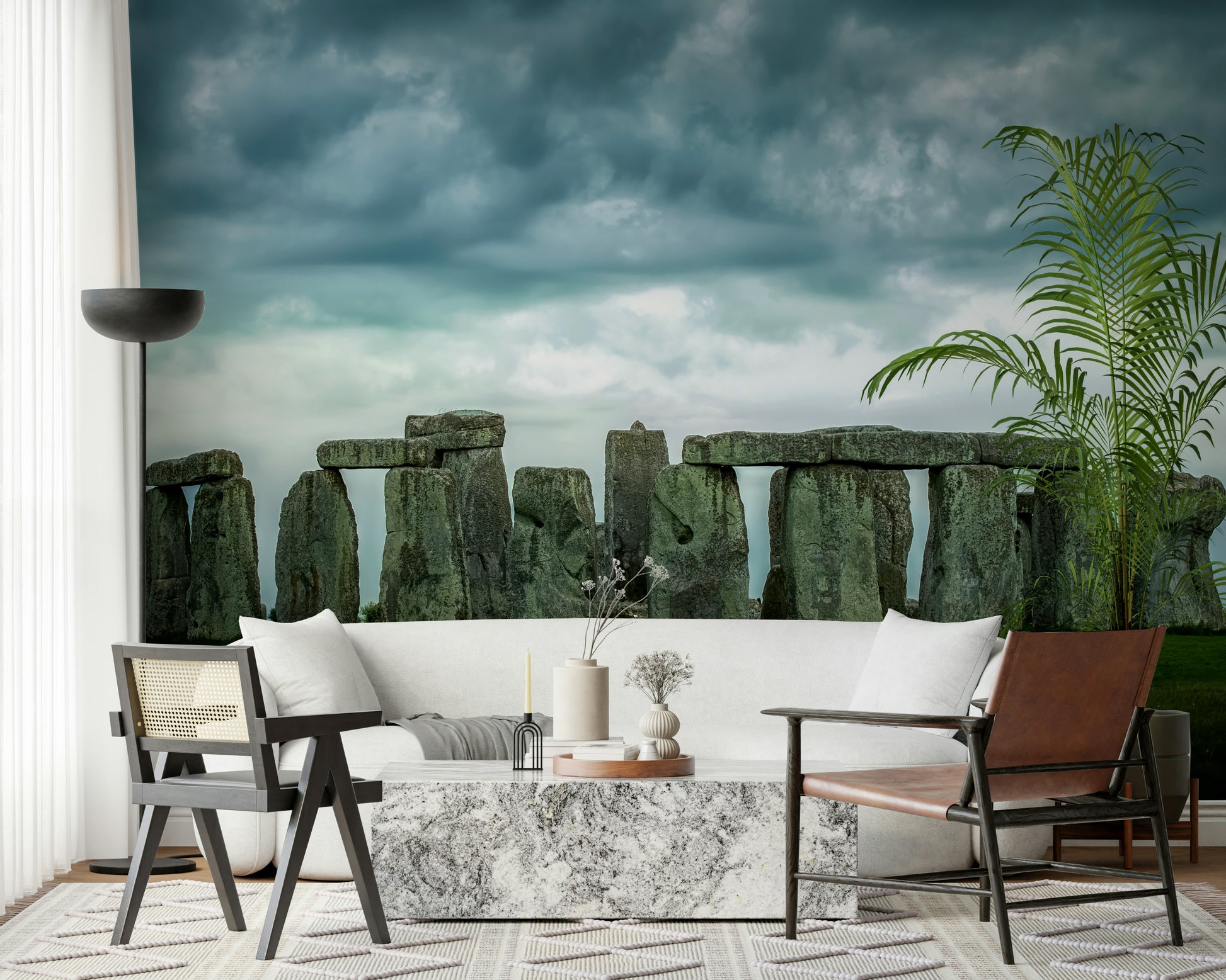A peaceful open country mural on decorative wallpaper.