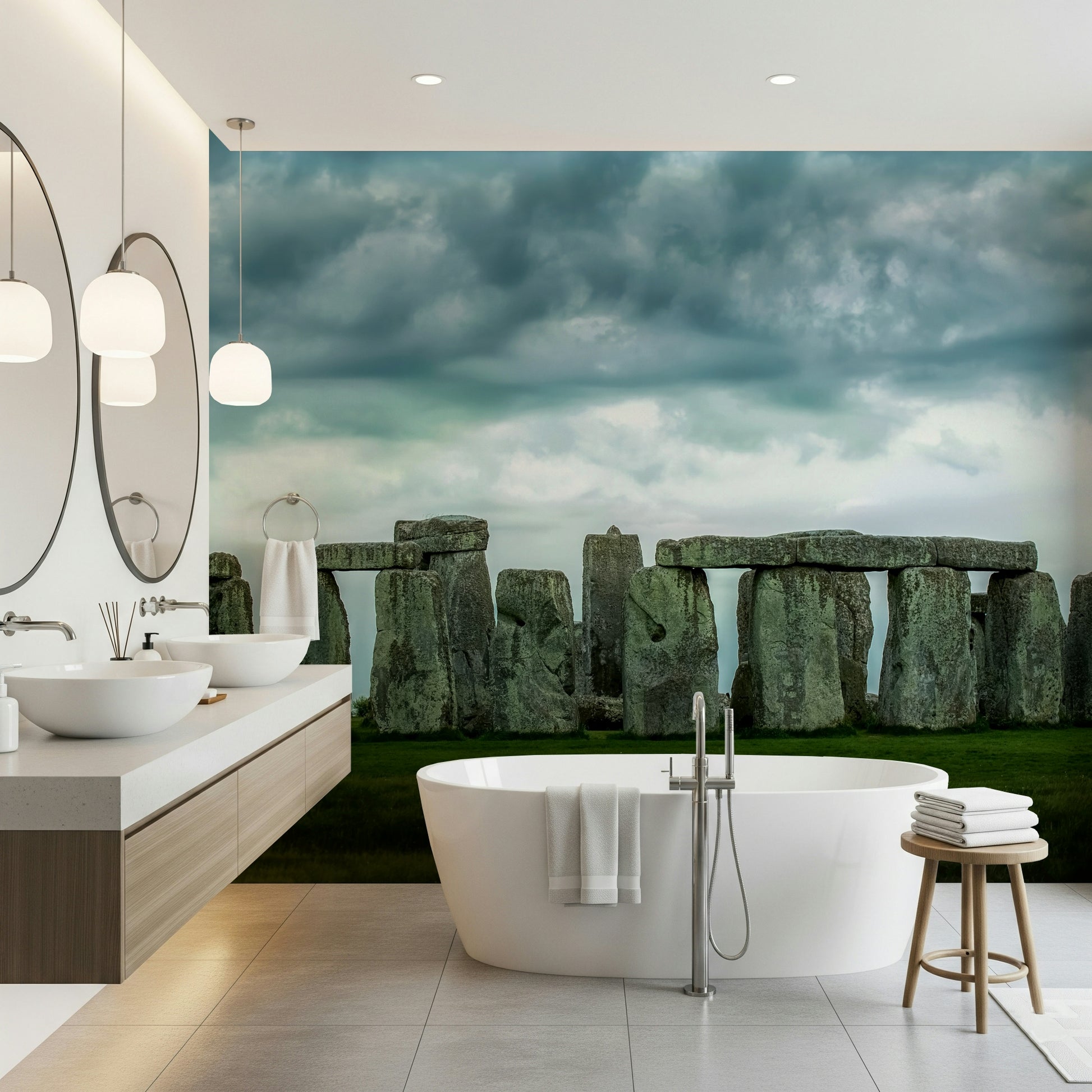 A calming ancient view wallpaper mural that defines a space.