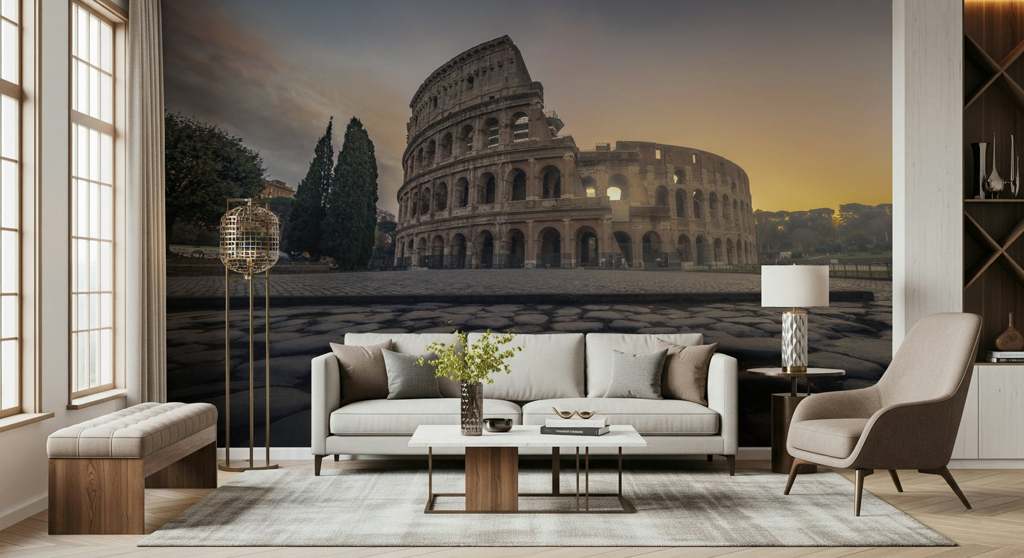 An artistic architectural scene mural on scenic wallpaper.