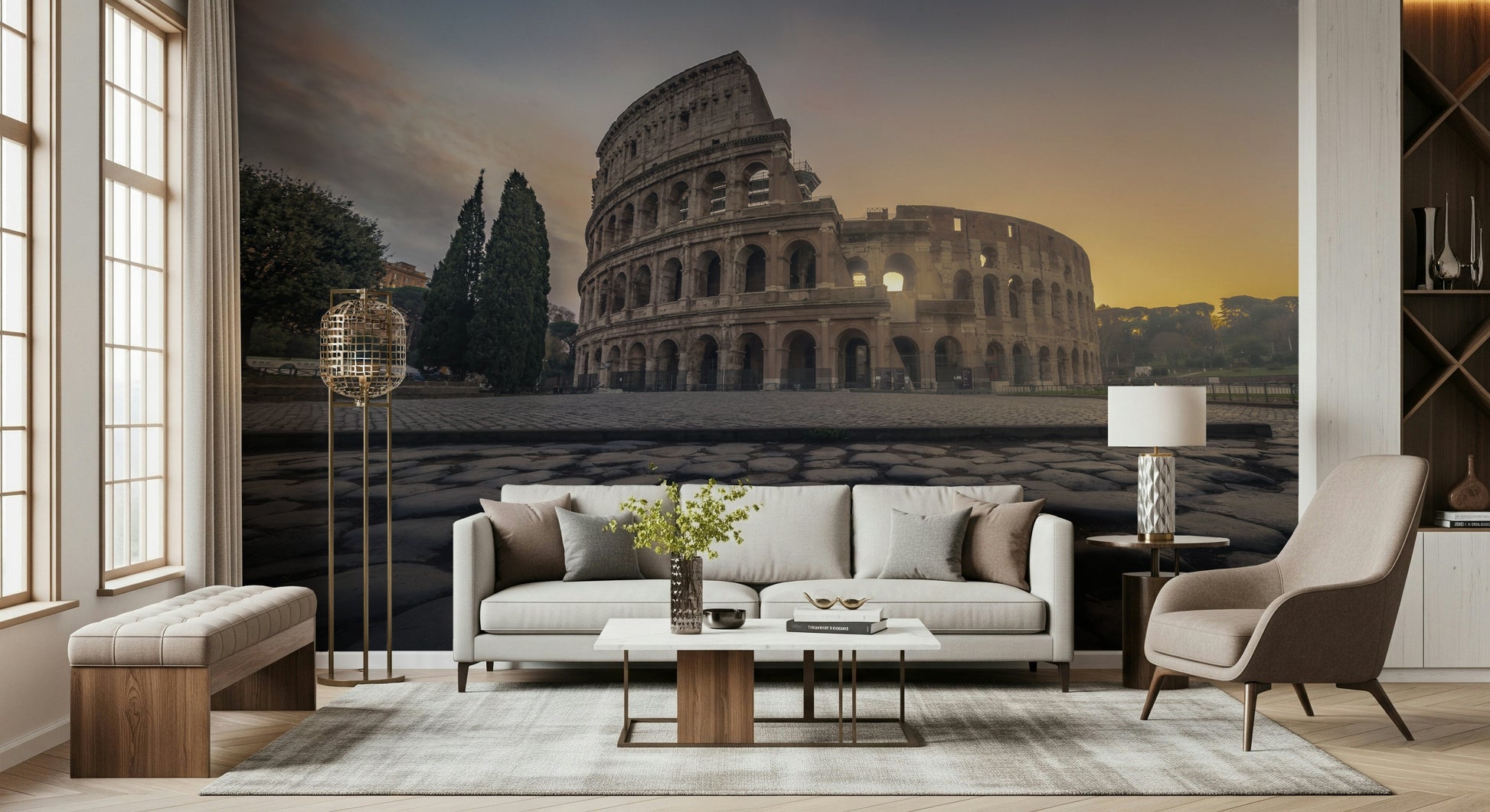 An artistic architectural scene mural on scenic wallpaper.