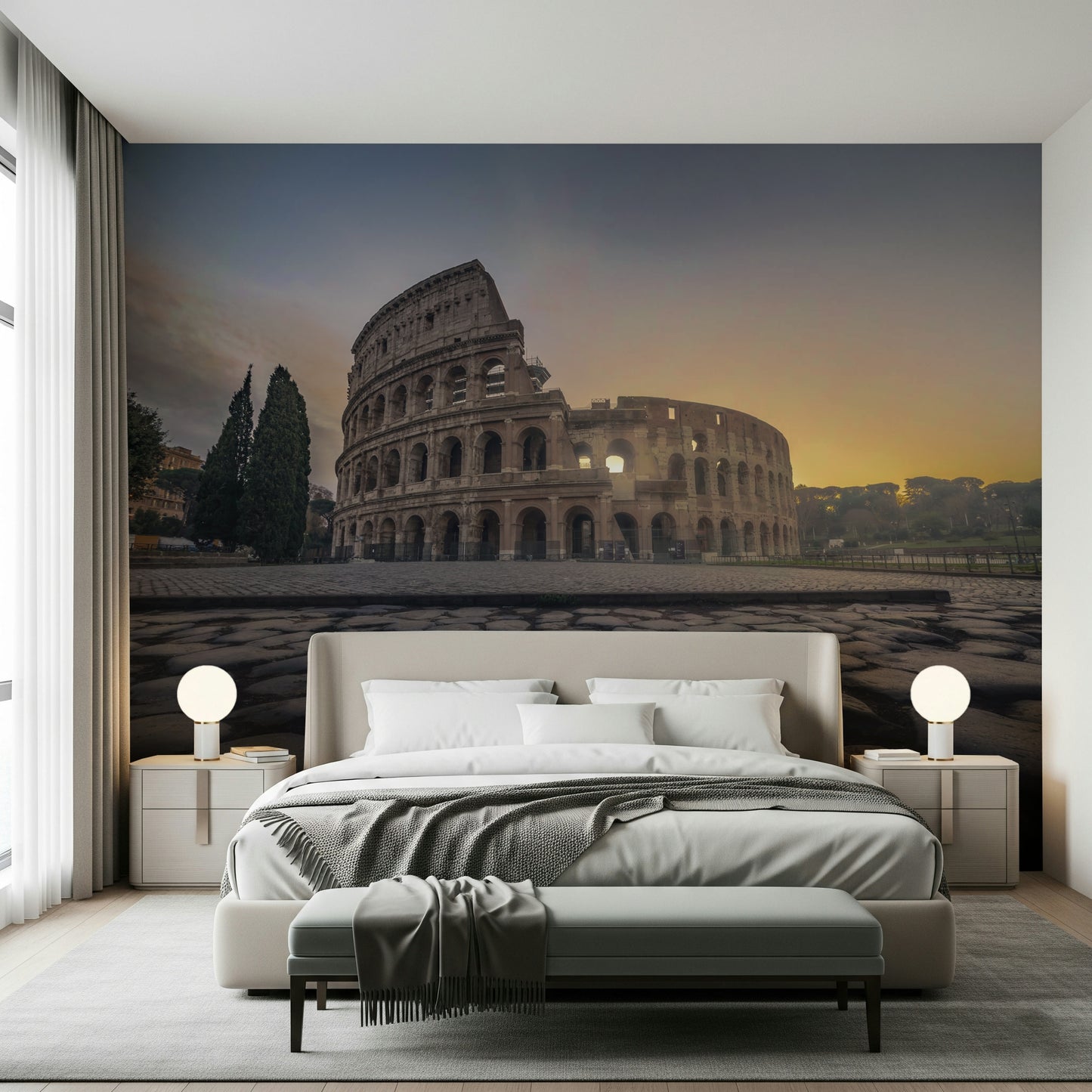 A beautiful wide-angle wall mural of a historic city.