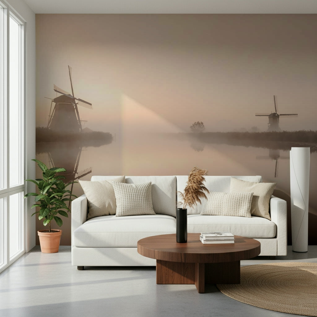 A peaceful open country mural on decorative wallpaper.