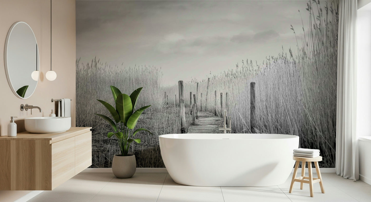 A beautiful wide-angle wall mural of a serene landscape.