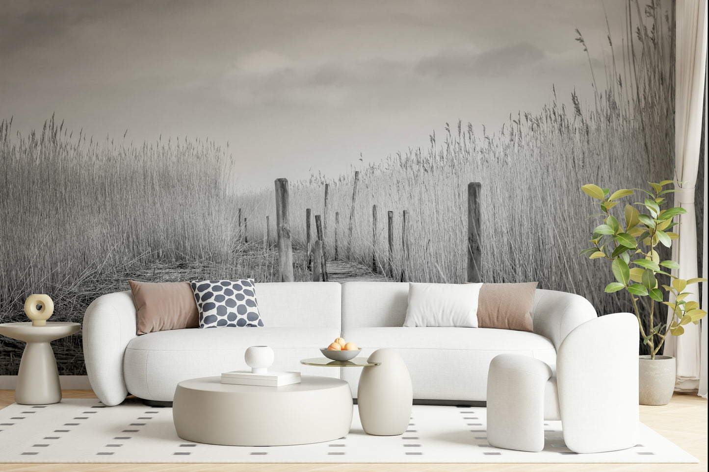 A peaceful open country mural on decorative wallpaper.
