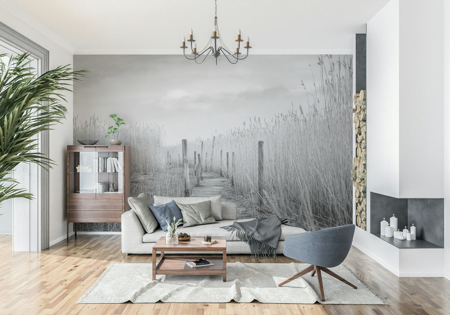A graceful subtle pattern wall mural in cool, neutral tones.